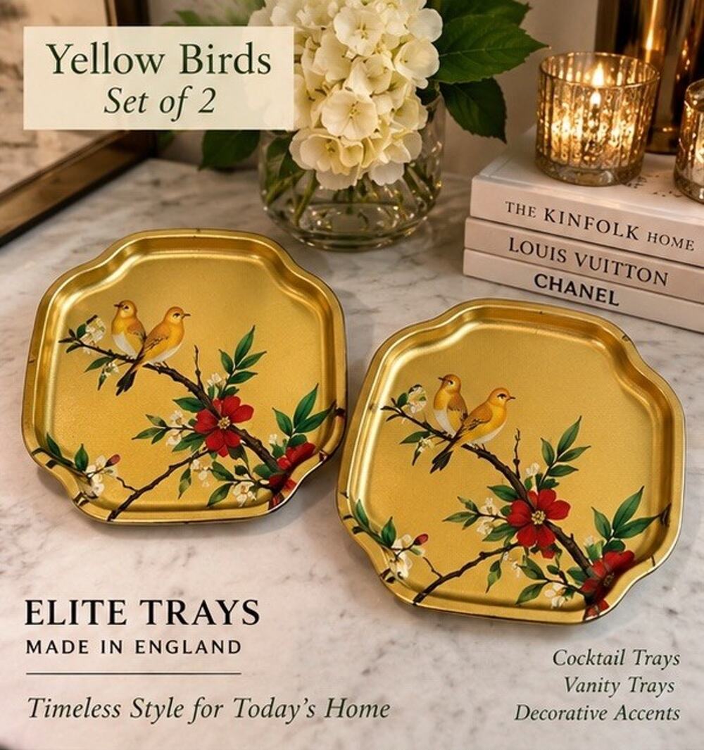 Vintage Elite Trays England Gold Bird Floral Cocktail Trays Pair 7.5”